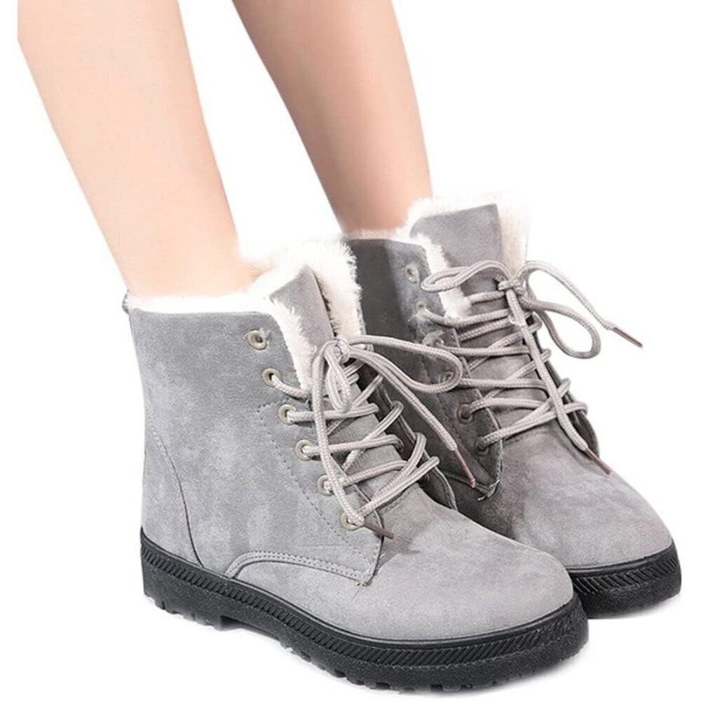 Alicegana Women's Winter Boots Snow Warm Fur Lined Lace Up Grey Non Slip Boots - Picture 7 of 7